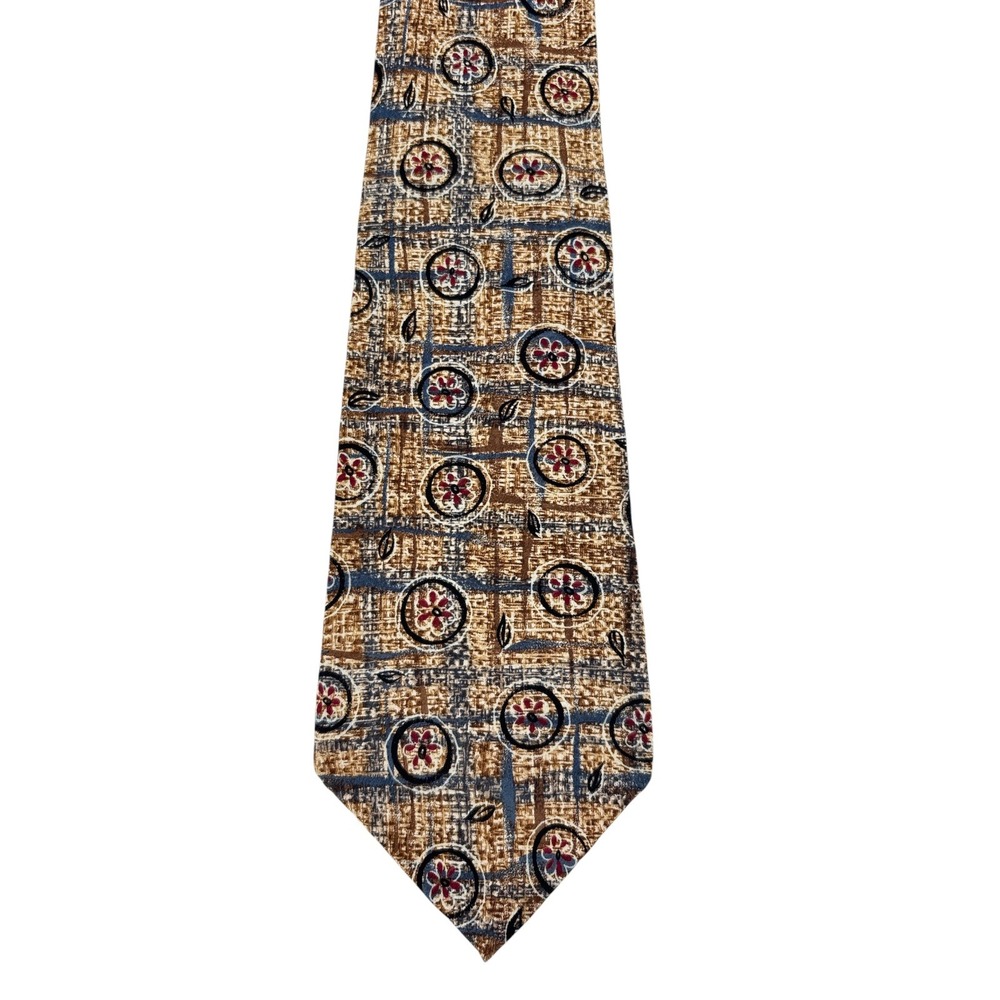 John Henry Abstract Geometric Italian Silk Tie Tan Blue Made in USA 57"x3.75"
